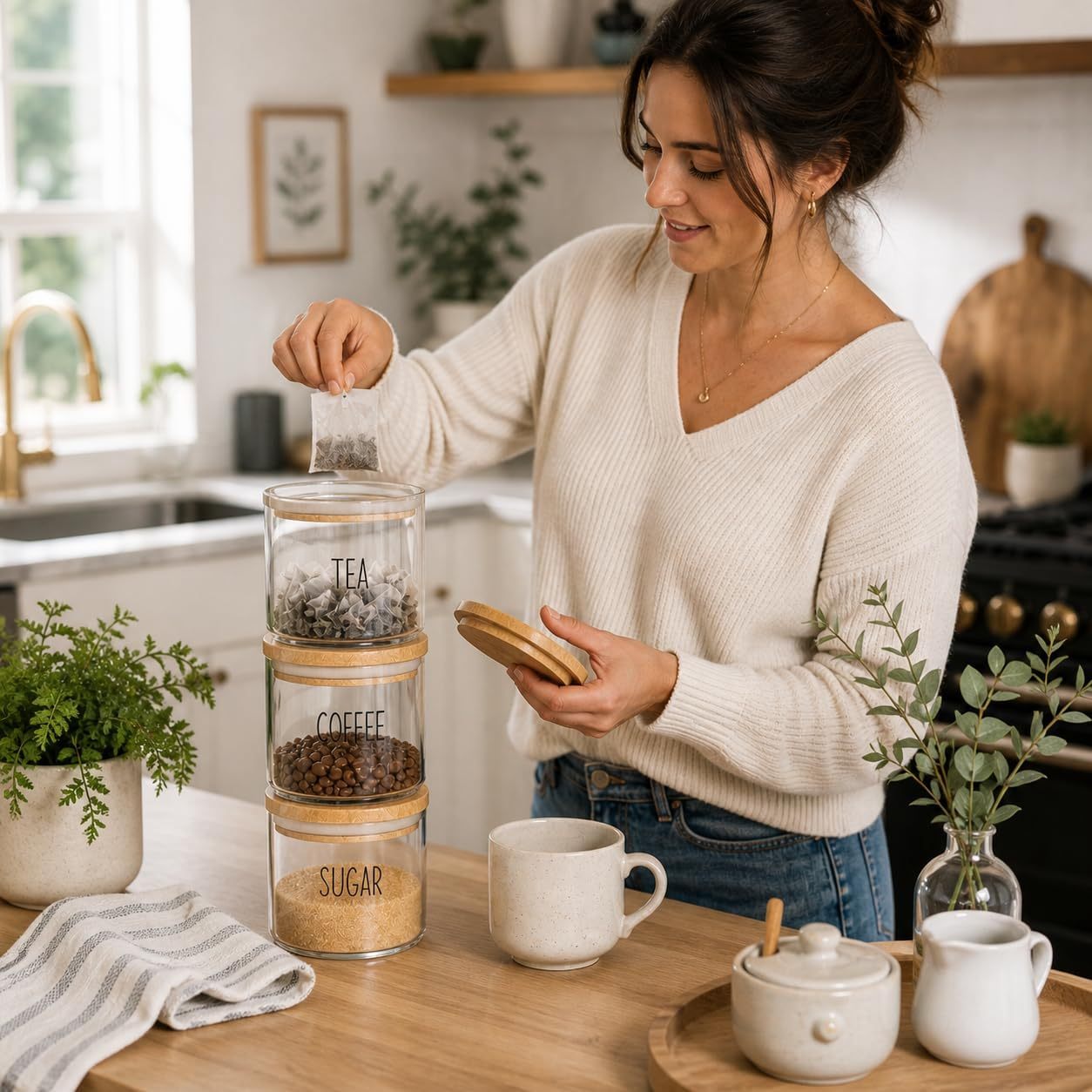 Set of 3 Stackable Glass Storage Jars with Airtight Bamboo Lids – Clear Kitchen Storage Canisters for Tea, Coffee, Sugar, Space-Saving Pantry Organiser