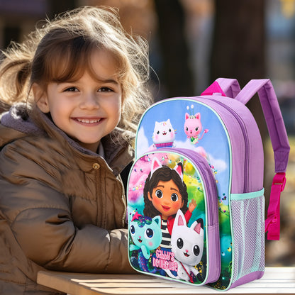 Gabby'S Dollhouse Kids Childrens Premium Backpack School Rucksack Travel Bag with Side Mesh Pocket And Front Zipped Pocket