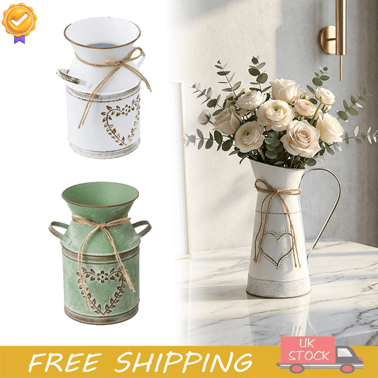 1pc Rustic Farmhouse Metal Pitcher Vase with Heart Pattern & Primitive design - Vintage Shabby Chic Milk Jug (Flowers Not Included) for Wedding, Christmas Centerpiece, Cylindrical Flower Vase for, party, or country Decorations - Durable Metal Vase for fre