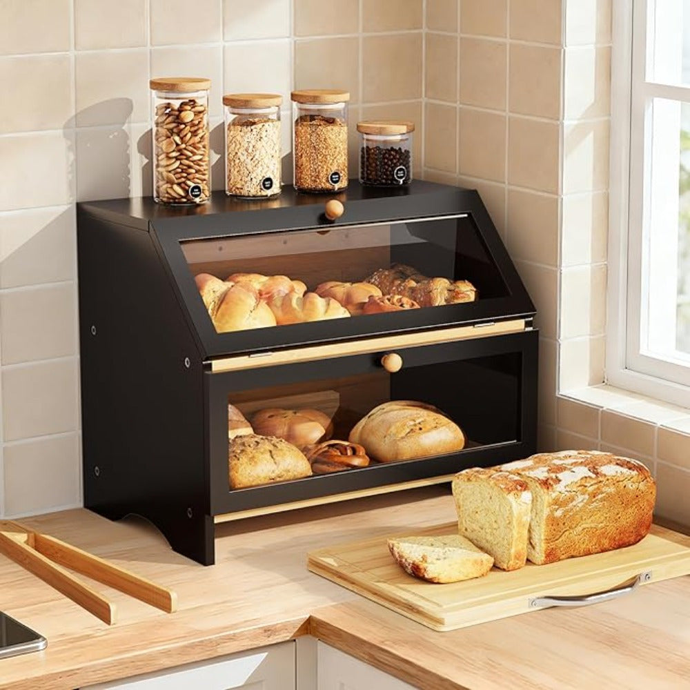Double Layer Bamboo Bread Box Bread Bin with Transparent Window, Suitable for Kitchen and Dining Room, Pantry Organization Keeps Bread, Fruits, Snacks Fresh, Natural/Black