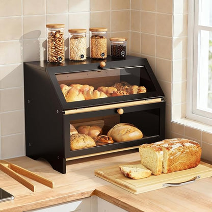 Double Layer Bamboo Bread Box Bread Bin with Transparent Window, Suitable for Kitchen and Dining Room, Pantry Organization Keeps Bread, Fruits, Snacks Fresh, Natural/Black