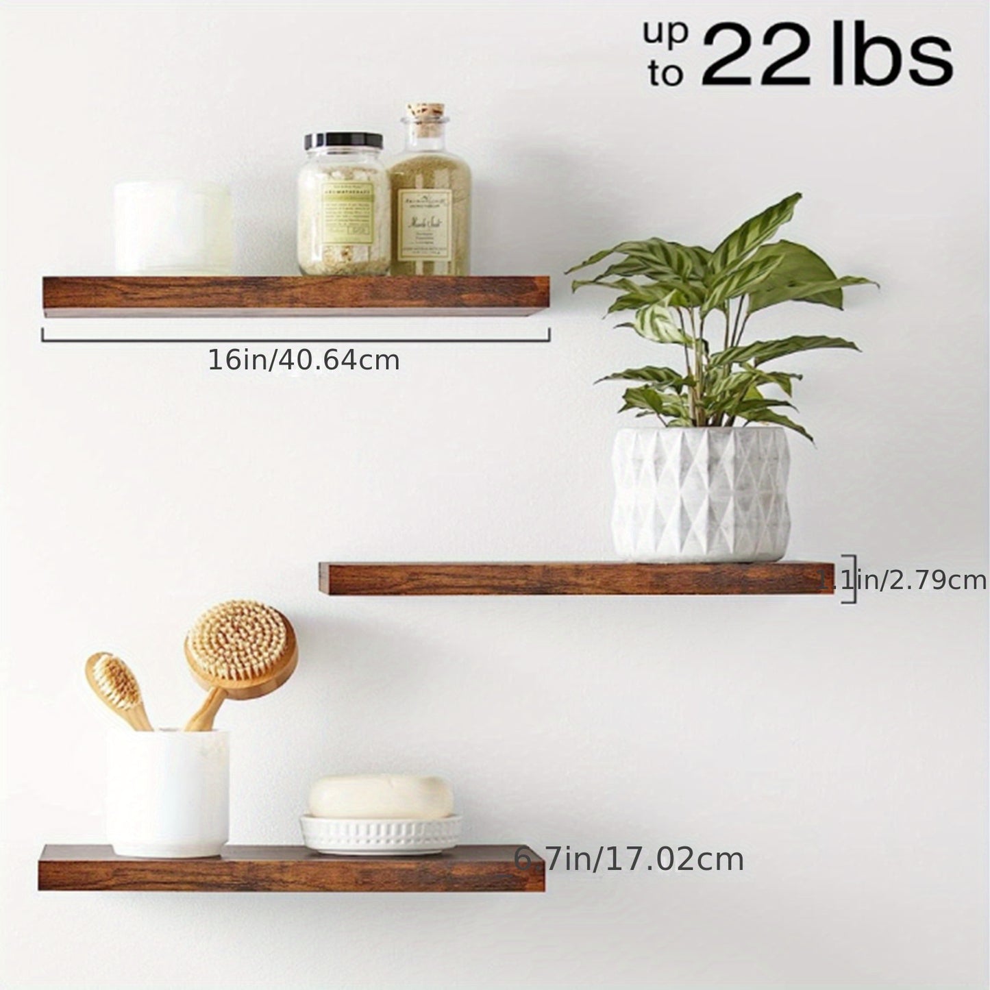3 Pack Rustic Wood Floating Shelves Wall-Mounted with Sturdy Metal Brackets - Heavy Duty Painted Finish, Natural Wood Grain, Easy Installation for Living Room, Bedroom, Kitchen - Space-Saving Modern Farmhouse Style Shelving (No Visible Brackets)