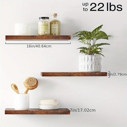 3 Pack Rustic Wood Floating Shelves Wall-Mounted with Sturdy Metal Brackets - Heavy Duty Painted Finish, Natural Wood Grain, Easy Installation for Living Room, Bedroom, Kitchen - Space-Saving Modern Farmhouse Style Shelving (No Visible Brackets)