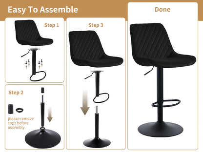 Height Adjustable Bar Stools Set Of 1 Or 2 Velvet Exterior Breakfast Barstools with Black Paint Steel Gas Lift And Footrest for Home Kitchen, Pub, Island Counter