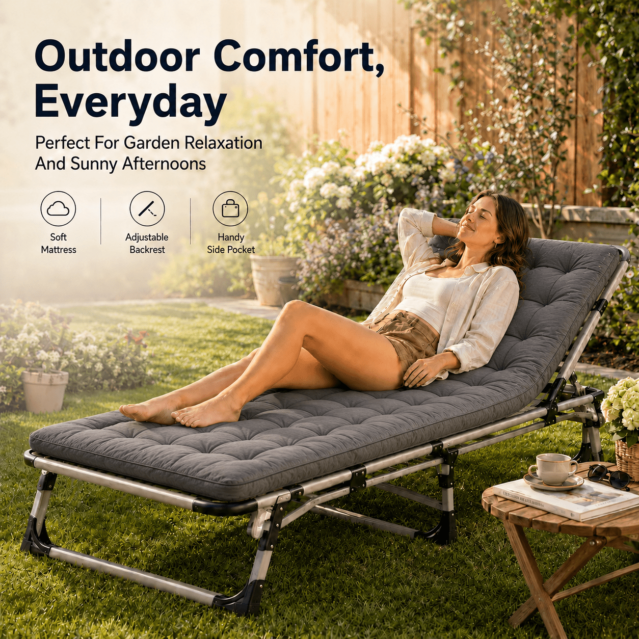 Portable Folding Bed With Mattress, Outdoor Reclining Lounger For Garden, Patio & Sunny Afternoon Relaxation