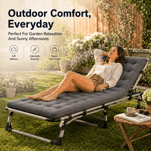 Portable Folding Bed With Mattress, Outdoor Reclining Lounger For Garden, Patio & Sunny Afternoon Relaxation