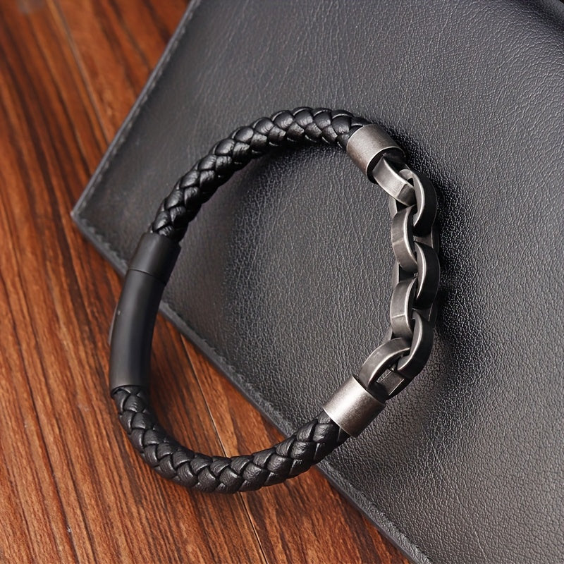 Men's Handmade 316L Stainless Steel Bracelet with Black Leather Chain and Magnetic Clasp, Vintage Jewelry