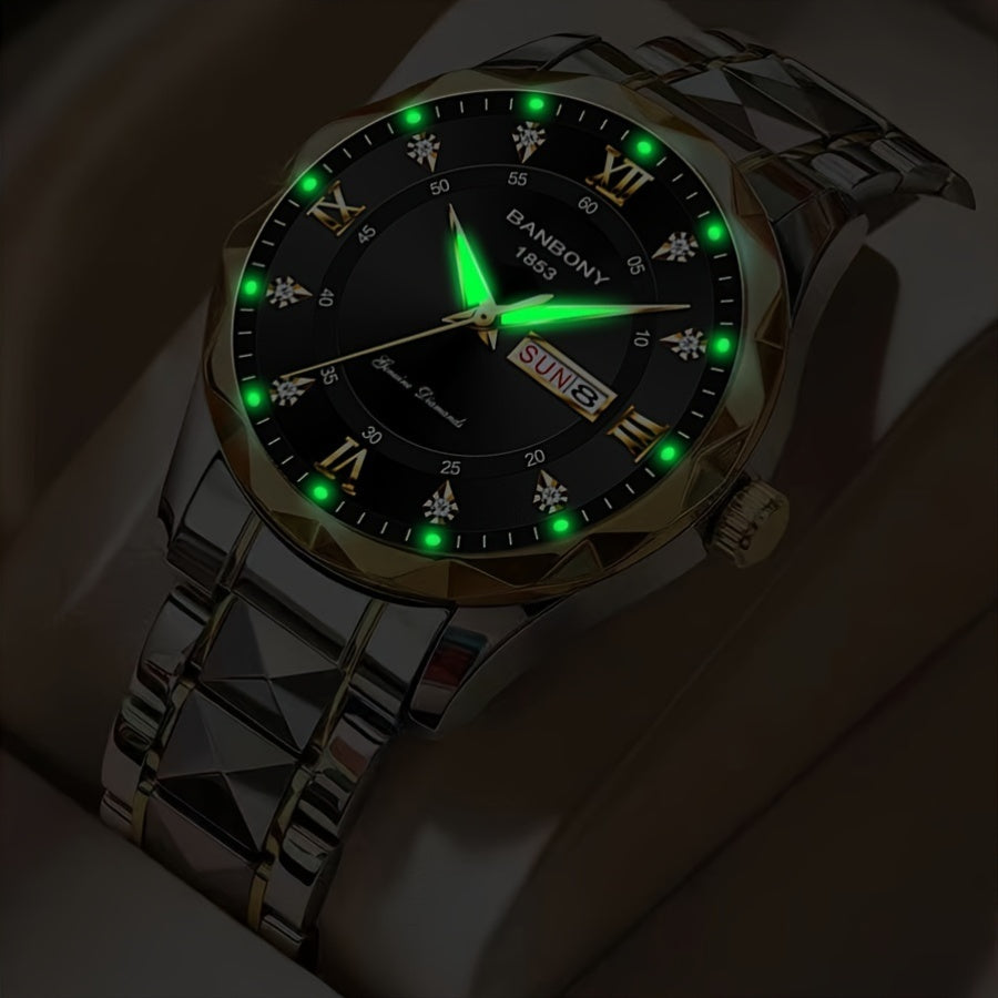 1 New Stainless Steel Men'S Quartz Watch with Roman Numerals, Rhinestone Dial, Date Calendar, Trendy Minimalist Luxury Brand, Luminous Sports Casual Business Multi-Functional Watch - Ideal Birthday Gift and Holiday Present, Elegant Watch For Men, Watch Fo