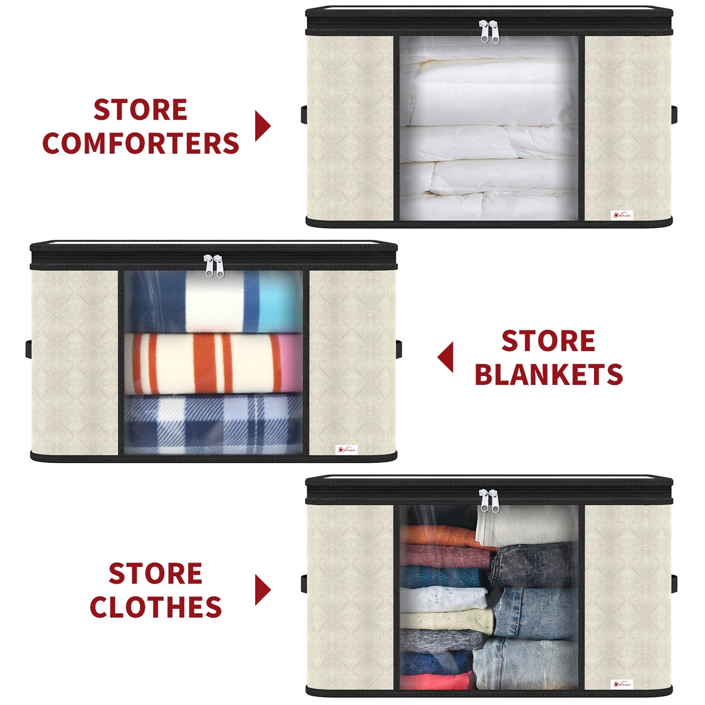 Vinsani 3pcs Deluxe Clothes Storage Bags Organizer Large Capacity Double Zipper, Moisture-Proof Big Clear Windows Perfect Space for Clothes, Beddings, Blankets and Duvet
