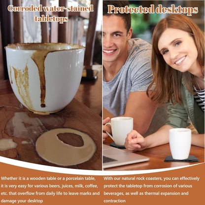 60pcs Slate Coasters for Drinks Engraved 30pcs Round+30pcs Square Slate Coaster Natural Stone Coasters Bulk Rustic Rock Cup Coaster Anti-Scratch Backing for Bar Kitchen Home Apartment Gifts DIY