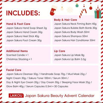 Sakura 24 Days of Beauty Advent Calendar 2026 – Radiance Skincare & Bath Body Gift Set for Women, Face Cream, Lip Balm, Foot Cream, Body Wash & Serum, Christmas Gift for Her