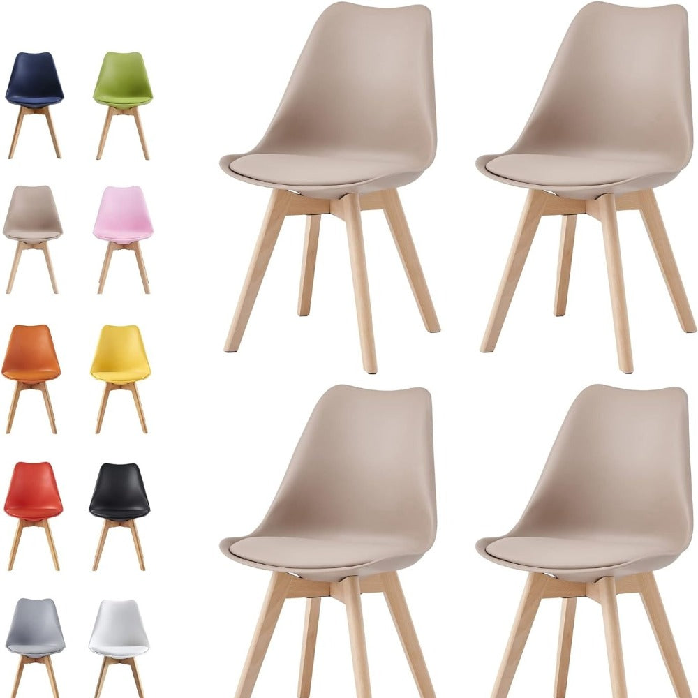 Set of 4 Dining Chairs with Wooden Legs & Cushion Pad - Retro Mid-Century Faux Leather Seat, 120kg Capacity, 7 Colours, UK Stock