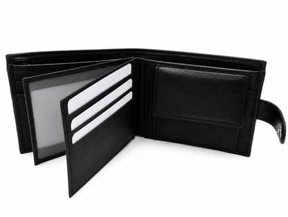 Mens Genuine Leather Wallet Black RFID Blocking Soft Tri Fold Card Slots Id Window and Coin Pocket