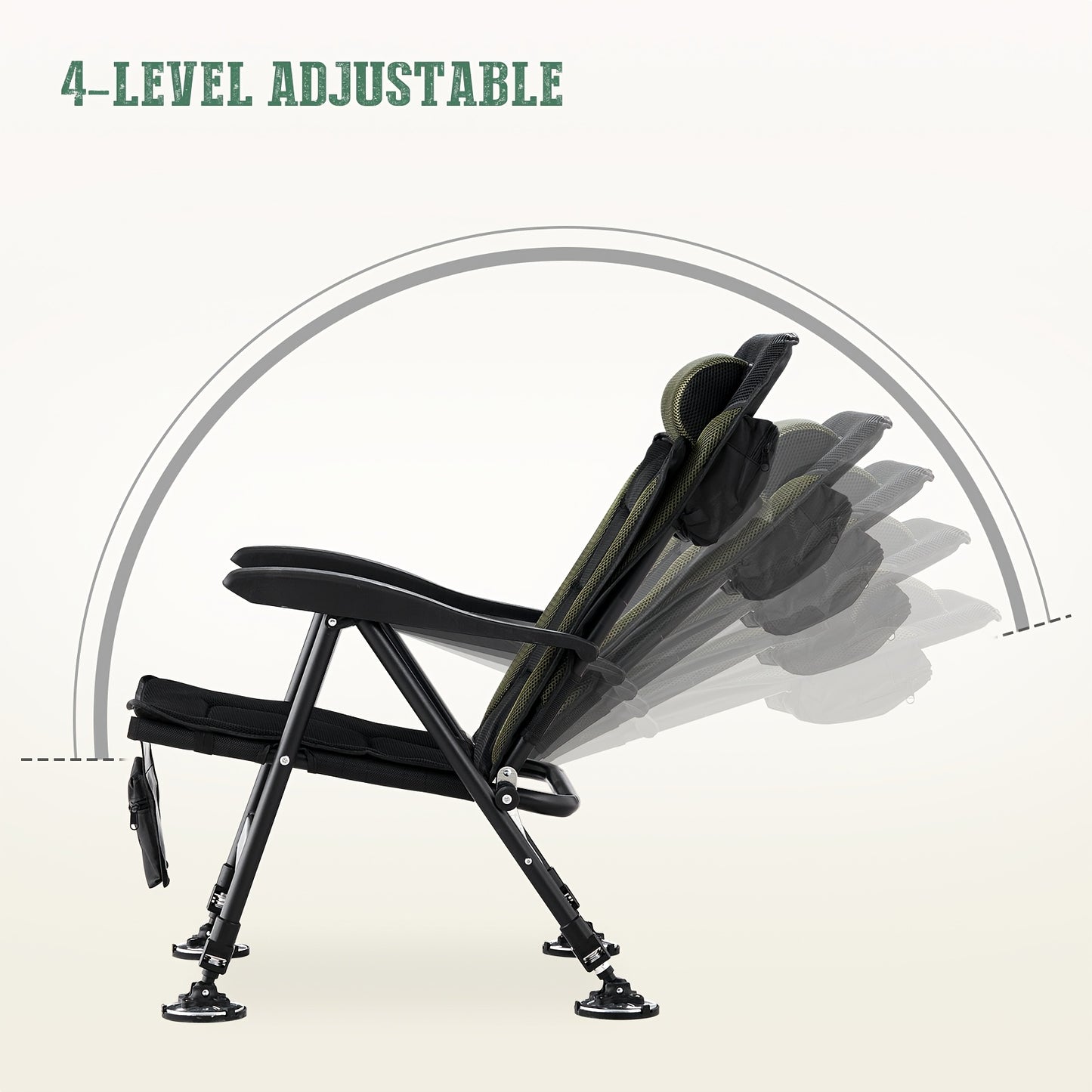 Portable Outdoor Fishing Chair, Thickened Aluminum Frame, 4-Level Adjustable Backrest, Telescopic Big Foot Legs, Breathable Mesh Detachable Cushion, Front And Rear Storage Bags with Tool Bag