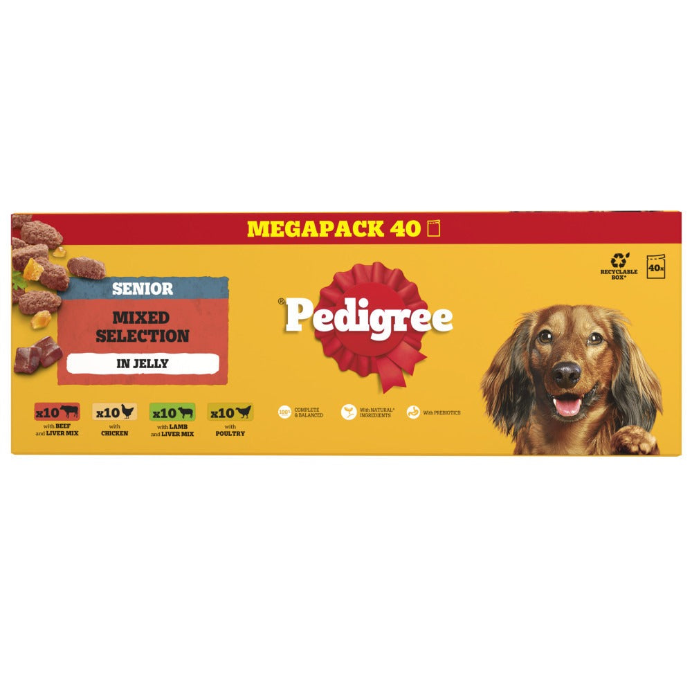 Pedigree Senior Wet Dog Food 120 x 100g Pouches Mixed Selection in Jelly Beef Liver Chicken Lamb Poultry No Artificial Additives Prebiotics Vitamin E