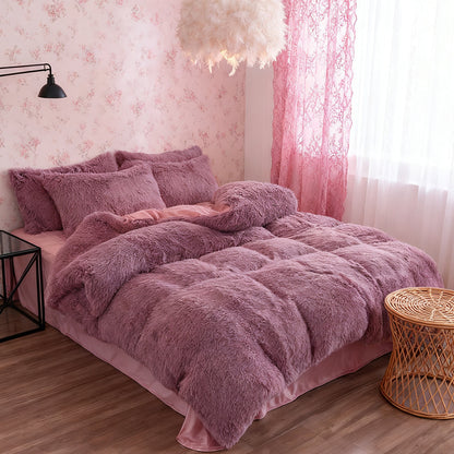 Water Mink Plush Super Soft and Thicken Autumn and Winter Bedding Set, Plush Comfortable Warm Duvet Cover Pillowcases Three-piece Set, Available in Various Colors, Down Duvet Cover, Zipper Closure Design, Single/Double/King/Super King