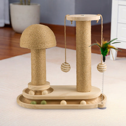 4-in-1 Cat Scratching Post with Sisal Rope, Ball Track & Spring Toy – Interactive Solid Wood Cat Activity Centre, 2 Sizes