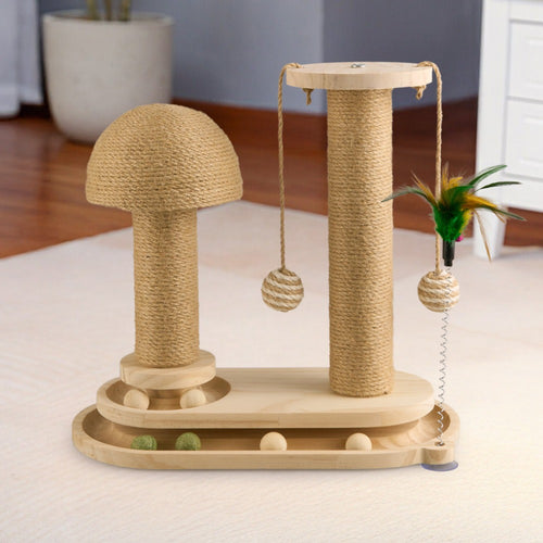 4-in-1 Cat Scratching Post with Sisal Rope, Ball Track & Spring Toy – Interactive Solid Wood Cat Activity Centre, 2 Sizes