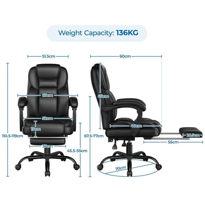 Executive Office Chair PU Leather High Back Recliner with Retractable Footrest, Padded Armrests & Adjustable Height – Costoffs Managerial Computer Chair for Home Office, Study & Conference Room
