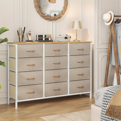 12 Drawer Chest of Drawers Fabric with Wooden Frame & Gold Handles – Tall Storage Unit for Bedroom Living Room Hallway Deep Grey Beige