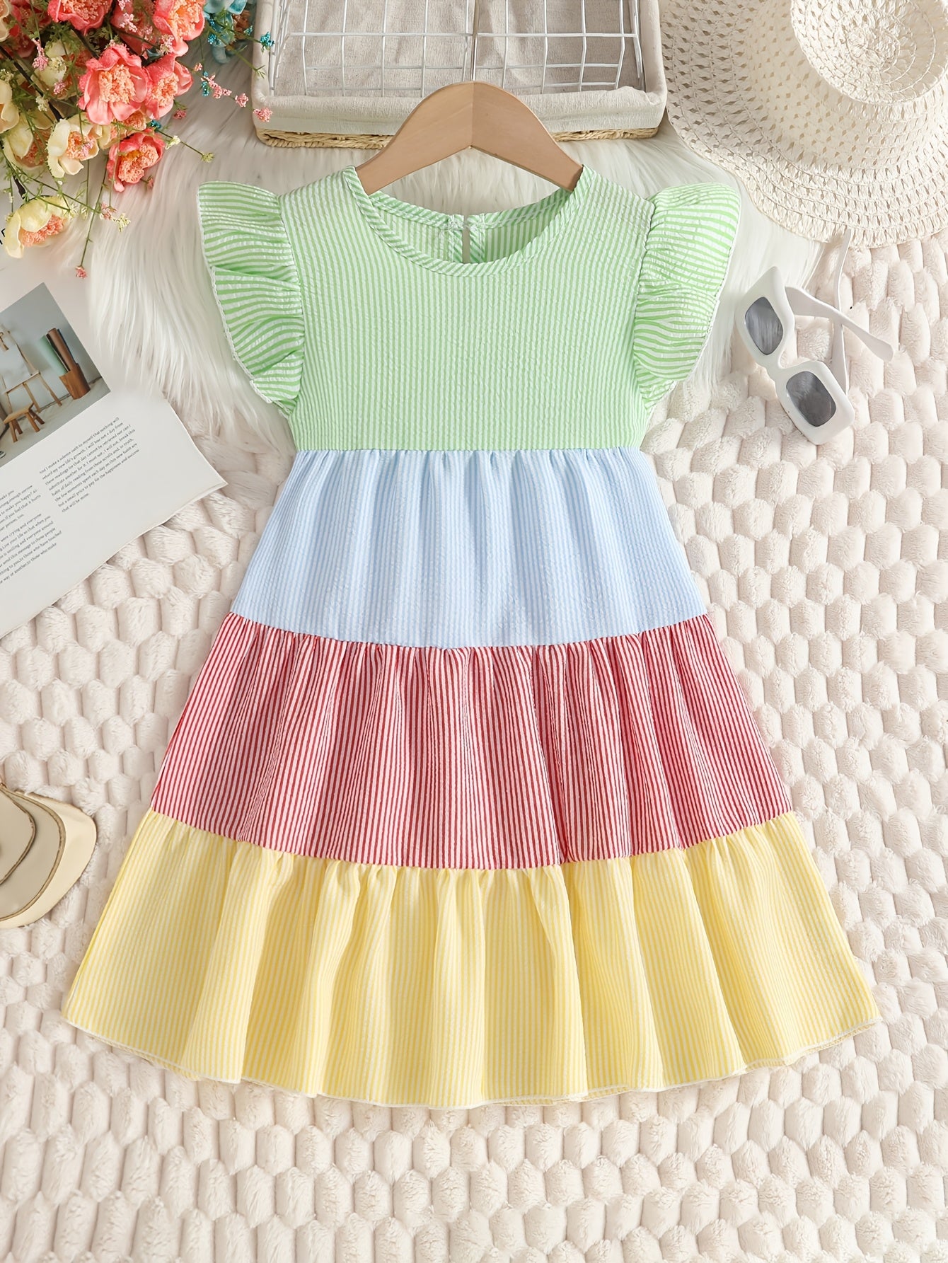 New Summer Style Girls' Colorblock Striped Dress, Cute Flutter Sleeve Dress, Summer Casual Dress, Summer Children's Clothing, Casual Daily Wear, Sweet and Adorable Girls' Dress, Girls' Clothes, Easter