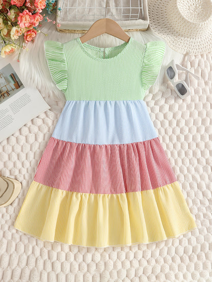 New Summer Style Girls' Colorblock Striped Dress, Cute Flutter Sleeve Dress, Summer Casual Dress, Summer Children's Clothing, Casual Daily Wear, Sweet and Adorable Girls' Dress, Girls' Clothes, Easter