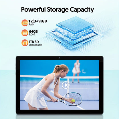 Android 15 Tablet 10.1 Inch 12GB RAM 64GB ROM 1TB Expandable 6000mAh Dual Camera WiFi Leather Case or Keyboard Set Multiple Bundle Options