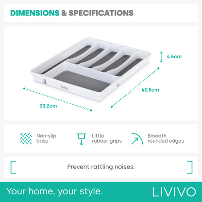 CUTLERY TRAY WITH 6 COMPARTMENTS, DURABLE NON-SLIP CUTLERY TRAY (WHITE/GREY)