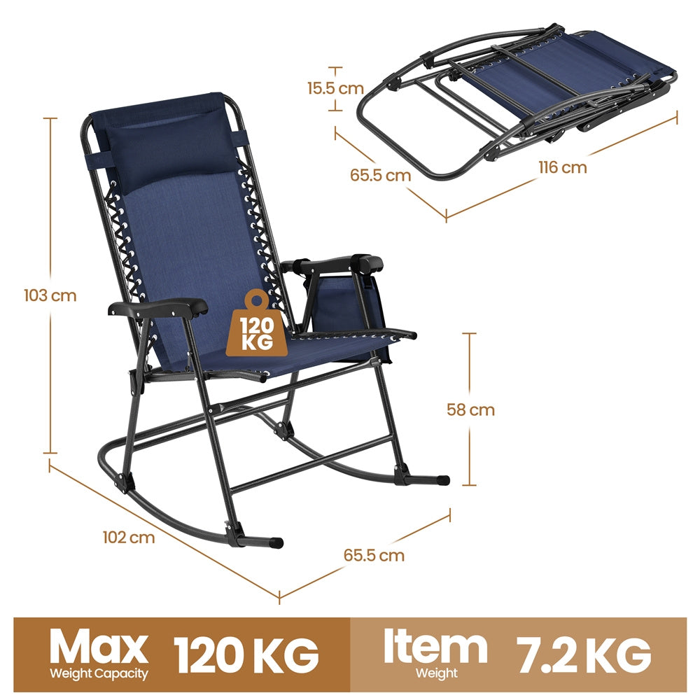 Costoffs Patio Chair Foldable Rocking Chair, Outdoor Lounge Chair with Headrest Pillow for Outdoor Use Only, Napping or Sunbathing, Black/Beige/Navy Blue Outdoor Use Only