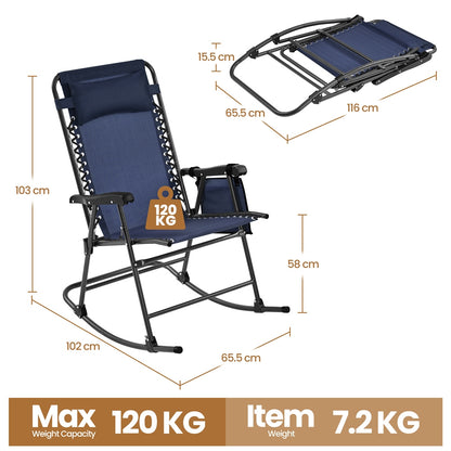 Costoffs Patio Chair Foldable Rocking Chair, Outdoor Lounge Chair with Headrest Pillow for Outdoor Use Only, Napping or Sunbathing, Black/Beige/Navy Blue Outdoor Use Only