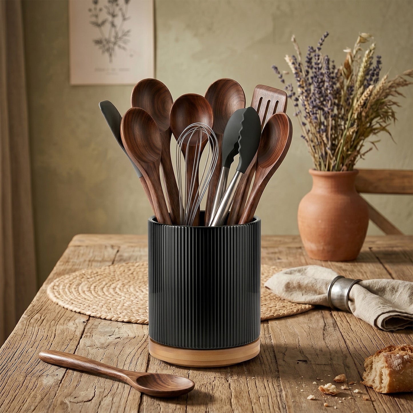 360° Rotating Ceramic Kitchen Organizer with Detachable Bamboo Base – Space-Saving Utensil Holder for Countertops, Perfect for Cooking Tools, Flower Vases, and Whisky Glasses, Kitchen Accessories