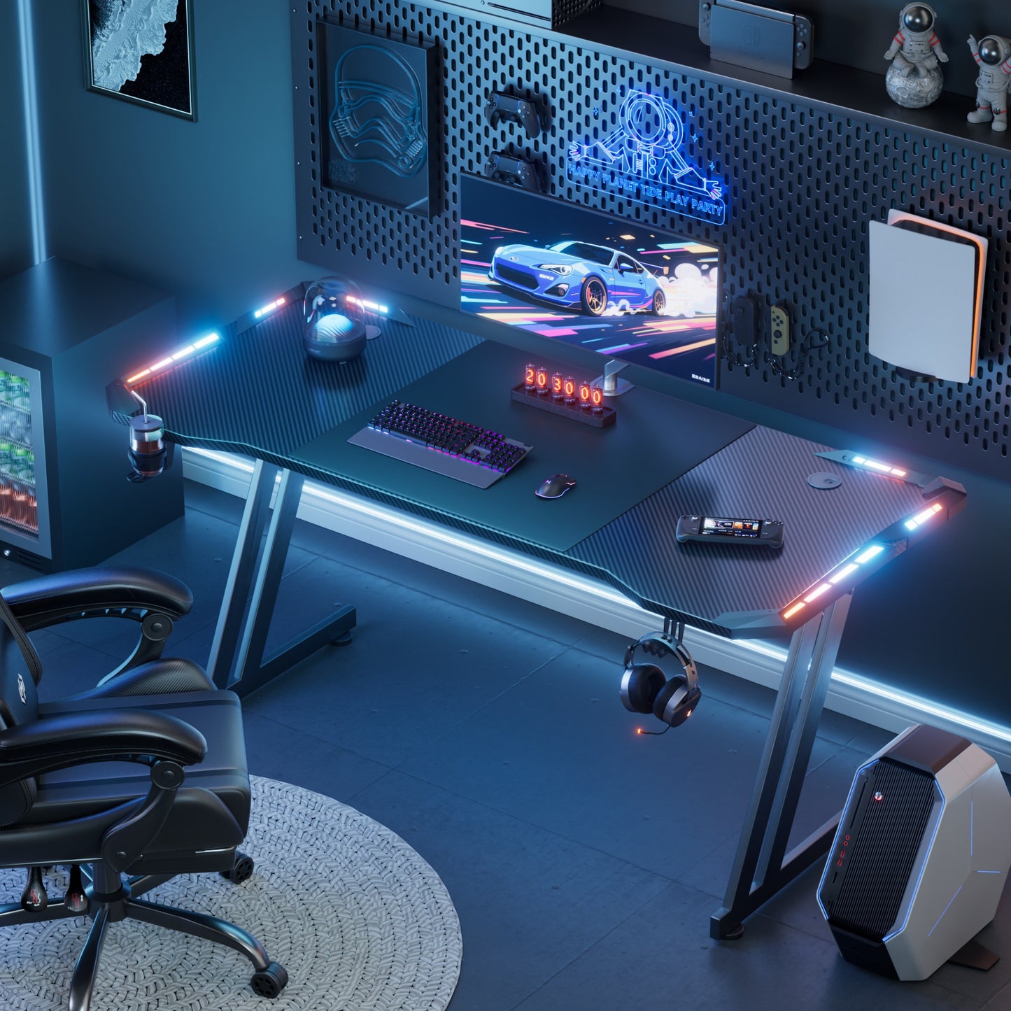 RGB Gaming Desk with LED Lights and Mouse Pad, Large Ergonomic Computer Desk with Cup Holder & Headphone Hook,Modern Carbon Fiber Design for PC Gaming & Home Office,Black