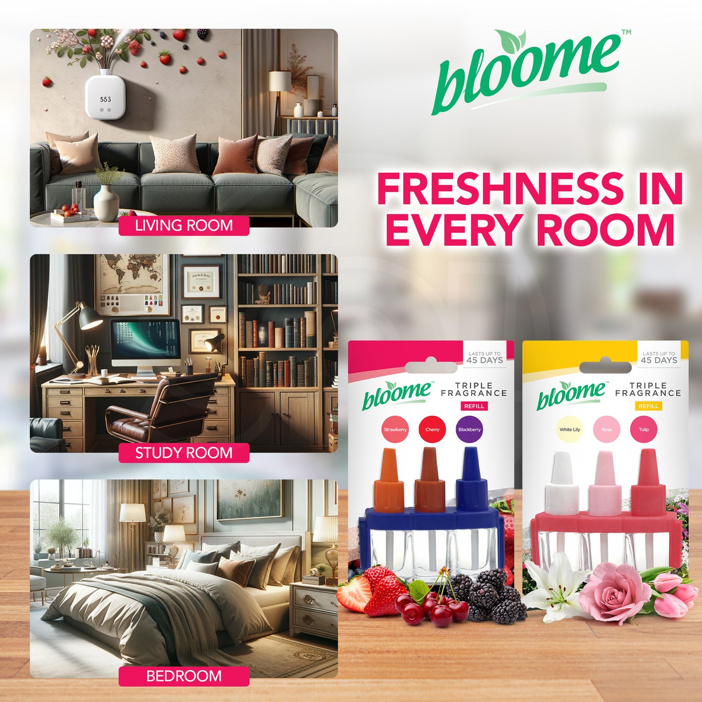 72 Pack (24 x 3pk) Bloome Triple Fragrance Refill | Air Freshener Refills for Home | Mixed Scents Berries & Floral | Long Lasting Plug In Fragrance Refill Set | Relaxing Home Ambience for Bedroom & Living Room