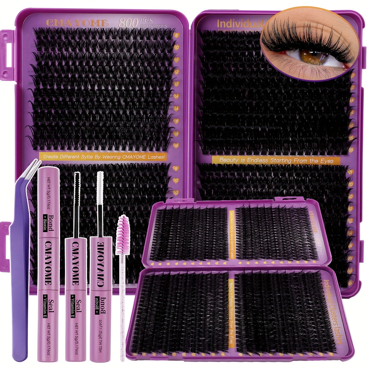 621/800pcs D Curl Individual Eyelash Clusters with Bond And Seal, Tweezers, Brush Set Beginner Friendly, High Capacity Eyelash Book Suit for Different Makeup Beauty, Long Lasting Dense False Eyelashes, Gift for Women Lash Clusters Kit