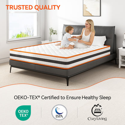 Bed Mattress Memory Foam and Pocket Spring Hybrid Mattress with 3D Breathable Fabric, Medium Soft to Medium Firm Support Mattress, Roll-Up Packaging for Bedroom