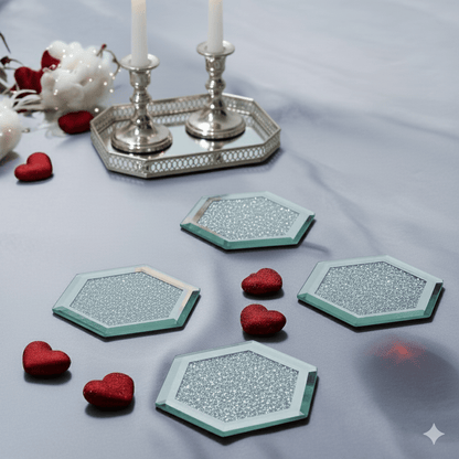 Serena's® Set of 4 Crystal Coasters – 10cm Glass Mirrored Drink Coasters with Glitter Crushed Diamond Design – Elegant Coasters for Home, Kitchen, Bar, or Table Decoration