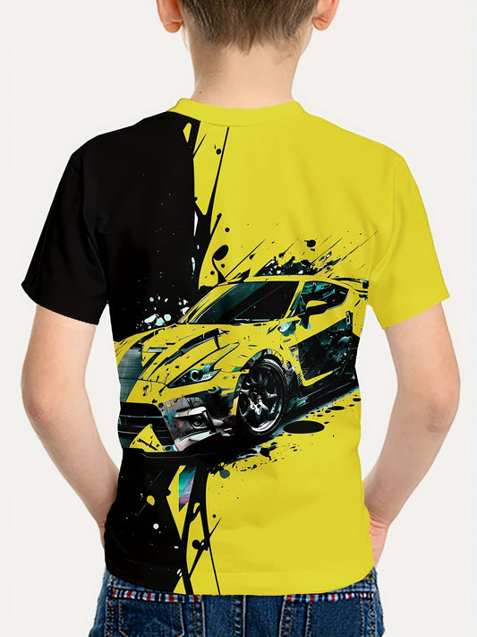 Boys Neon Green and Black Racing Pattern T-Shirt- 3D Dynamic Print Short Sleeve Crew Neck Casual Top with Neon Glow Style, Breathable and Machine Washable, Comfortable for All Seasons, Suitable for Casual Outfits and Racing Sports Activities- Ideal G
