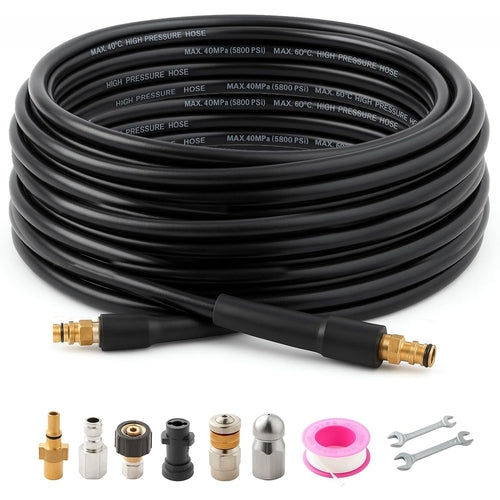 30M Pressure Washer Drain Cleaning Hose Kit Sewer Jetter Hose 5800PSI/400Bar for Washer Gun Includes 4 Adapters, 2 Corner & Rotating Nozzles for Cleaning Sewers, Sinks and Drains.
