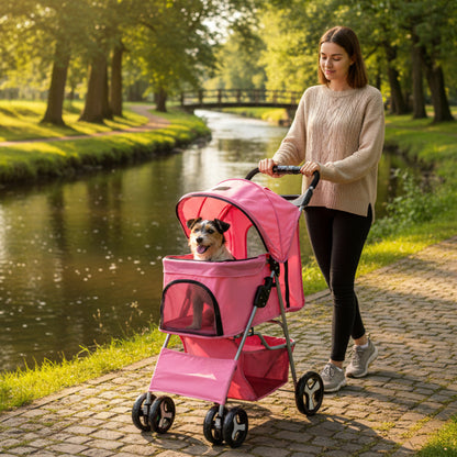 Foldable Pet Stroller With Rain Cover, Portable Foldable Outdoor Walking Cart with Large Space, Hand-Pull Design, Durable Oxford Fabric, Ergonomic Handle & Ventilation Mesh, Lightweight & Sturdy Frame For Small To Medium Dogs - Outdoor Pet Carrier, Modern