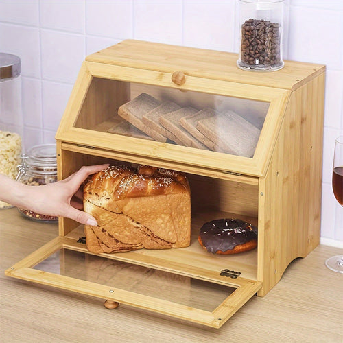 1pc Bamboo Double Layered Bread Bin Home Kitchen Food Snacks Bread Storage Box