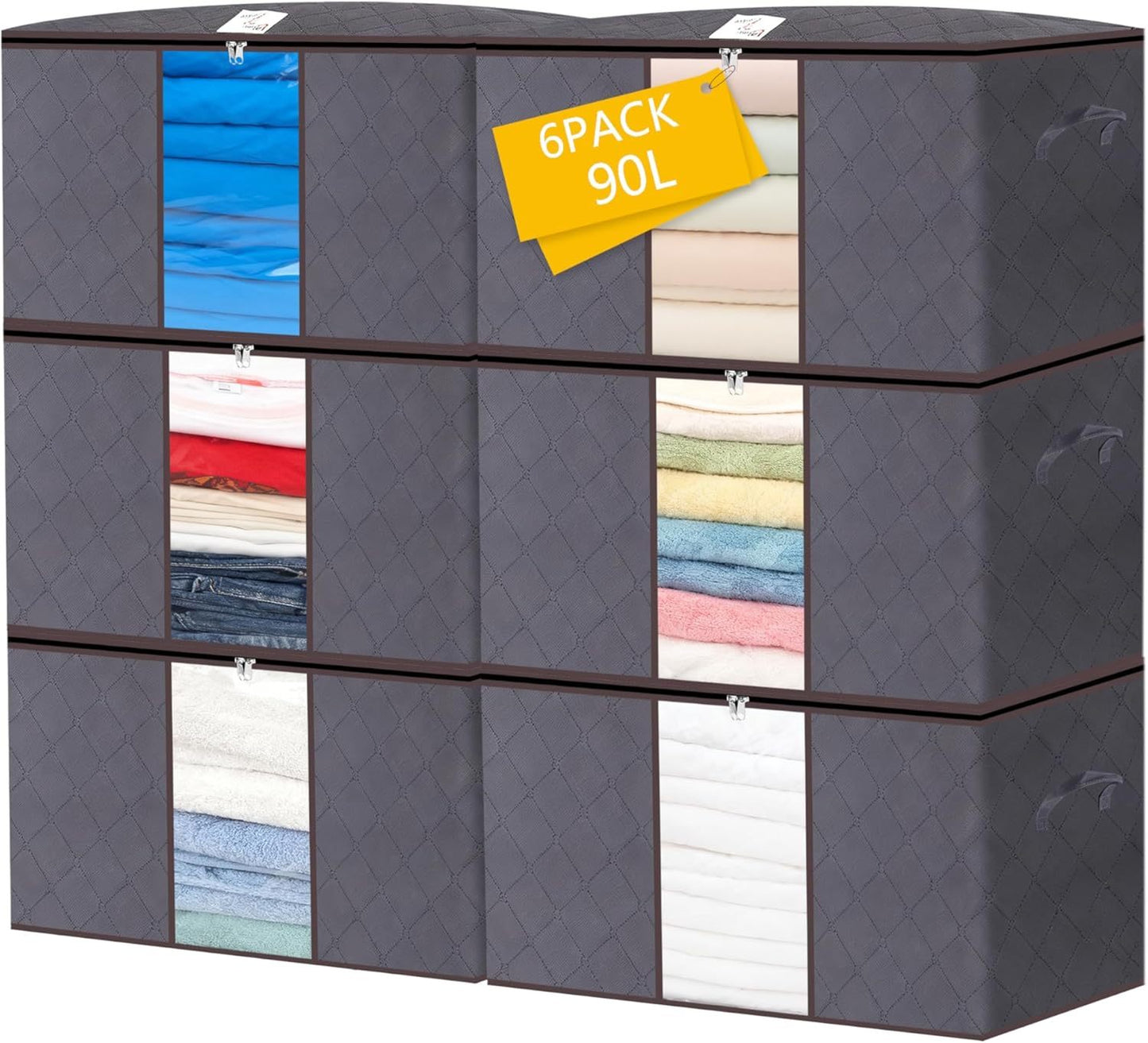 6pcs 90L Large Capacity Fabric Storage Bags for Clothes & Bedding | Foldable Wardrobe Organizers with Handles & Clear Window | Dust & Moisture Protection | Home & Dorm Use