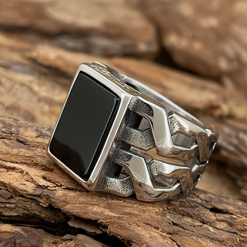 Men's Titanium Stainless Steel Retro Faux Gemstone Agate Stainless Steel Ring Durable Anti-allergic Men's Fashion Jewelry Anniversary or Birthday Gift Suitable for Daily Wearing