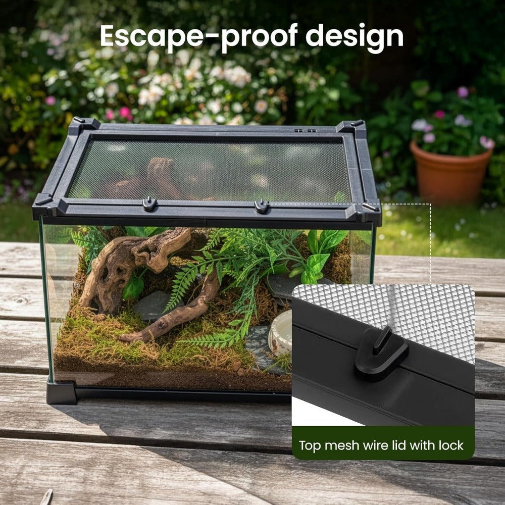 Glass Reptile Terrarium Vivarium Tank – Ventilated Habitat for Lizards, Frogs, Snakes & Spiders, Horizontal & Vertical, Leakproof Base