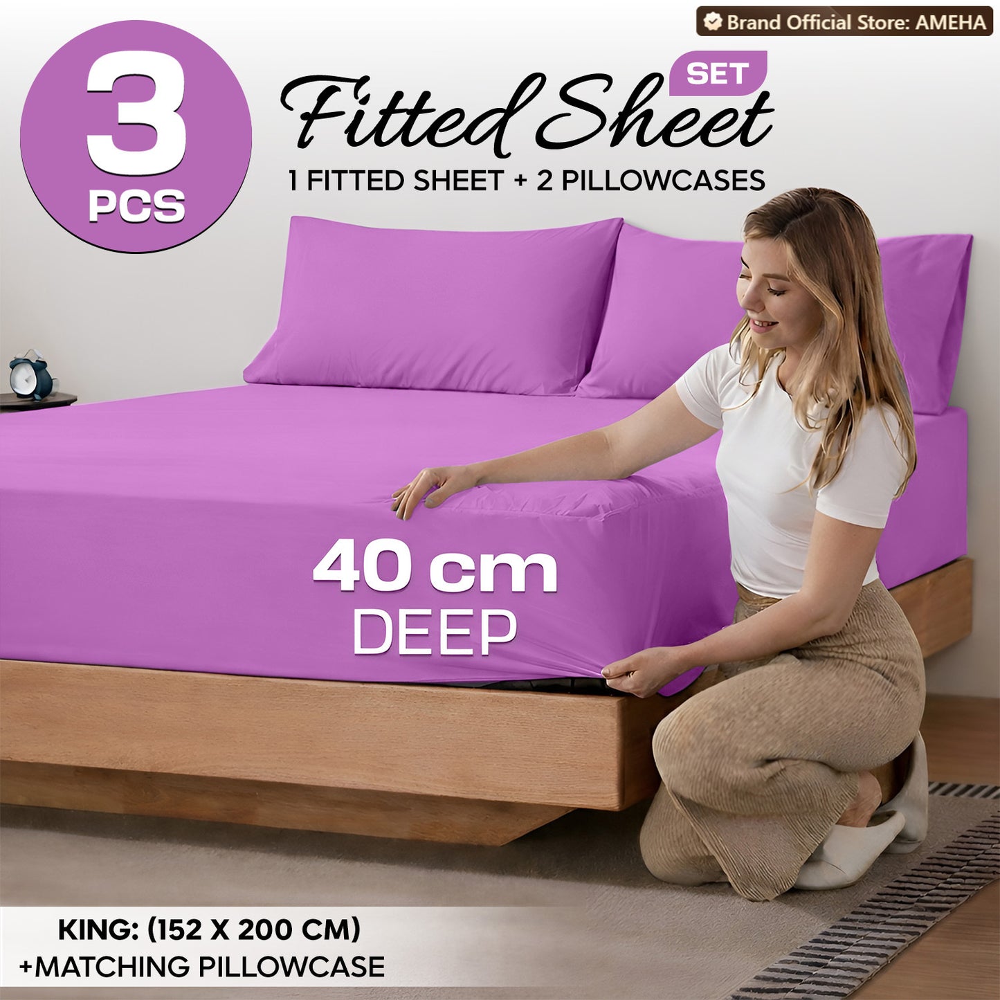3pcs 40cm Extra Deep Fitted Sheet – Solid Color Soft & Comfortable Bed Sheet with 2pcs Matching Pillowcases, Breathable Fabric Soft Brushed Microfiber Bedding, Machine Washable for Home Bedroom, Hotel
