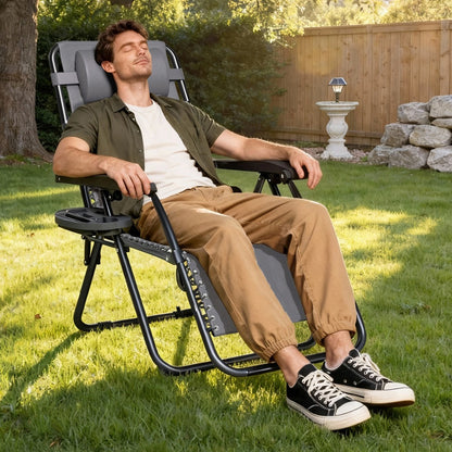 Zero Gravity Chair Foldable Reclining Outdoor Patio Lounge Chair with Padded Pillow Armrest Footrest Cup Holder Textilene Fabric Camping Garden Sunlounger Set of 1 or 2