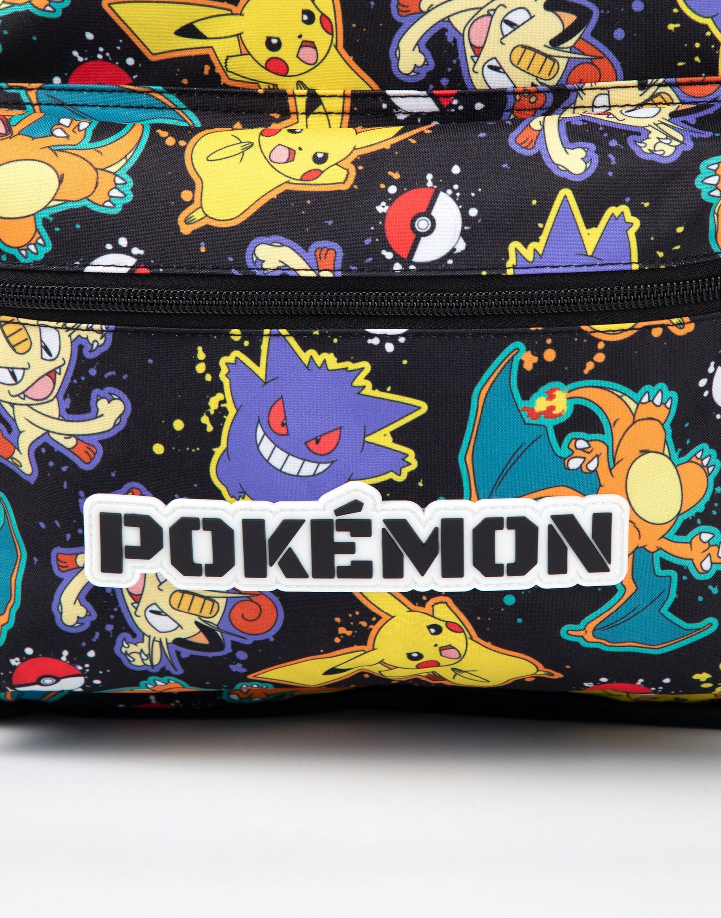 Pokémon Pikachu Charizard Gengar Meowth Backpack in Black | Kids Character All-Over Print Bag | Adjustable Shoulder Straps, Front Pocket & Mesh Holder