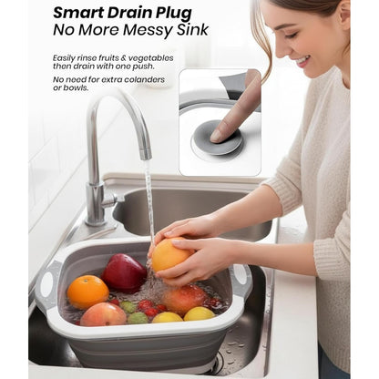 3-in-1 Collapsible Chopping Board with Drain Plug – Multi-Purpose Folding Cutting Board for Kitchen, Camping & Outdoor Use | Non-Slip Wash Basin, Portable Tub & Storage Container