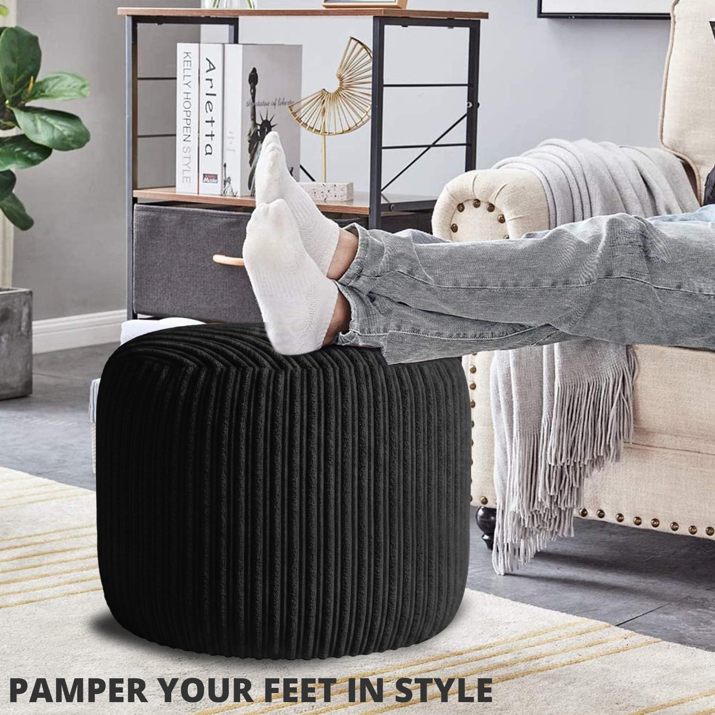 Jumbo Cord Footstool Pouffe, Round Shape Corduroy Bean Bag Ottoman Footrest for Lounge & Bedroom, Durable & Stylish Ergonomic Design