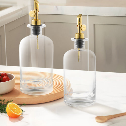 2pcs Olive Oil Dispenser Bottle for Kitchen, Glass Oil and Vinegar Dispenser Set, Coffee Syrup Dispenser, Kitchen Cooking Tools, 350ml/ 500ml, Silver/ Gold