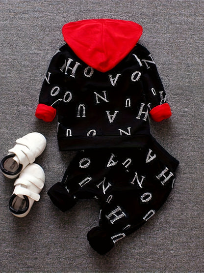 3pcs Boys' Hoodie & Pants Set - Oversized White Hooded Jacket with Black Letter Print & Matching Pants, Red Accent Casual Outfit | Spring/Fall Baby Clothes | Easy-Care 3pcs for (Letterman Jacket Style), Perfect for Outdoor